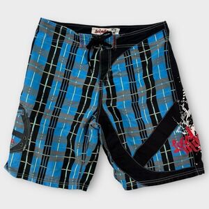 Vintage Local Motion Board Shorts Mens 38 Plaid Blue Swim Trunk Surf Embroidered